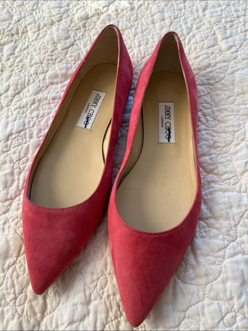 Jimmy Choo Pink-Red Suede Pointed-Toe Flats